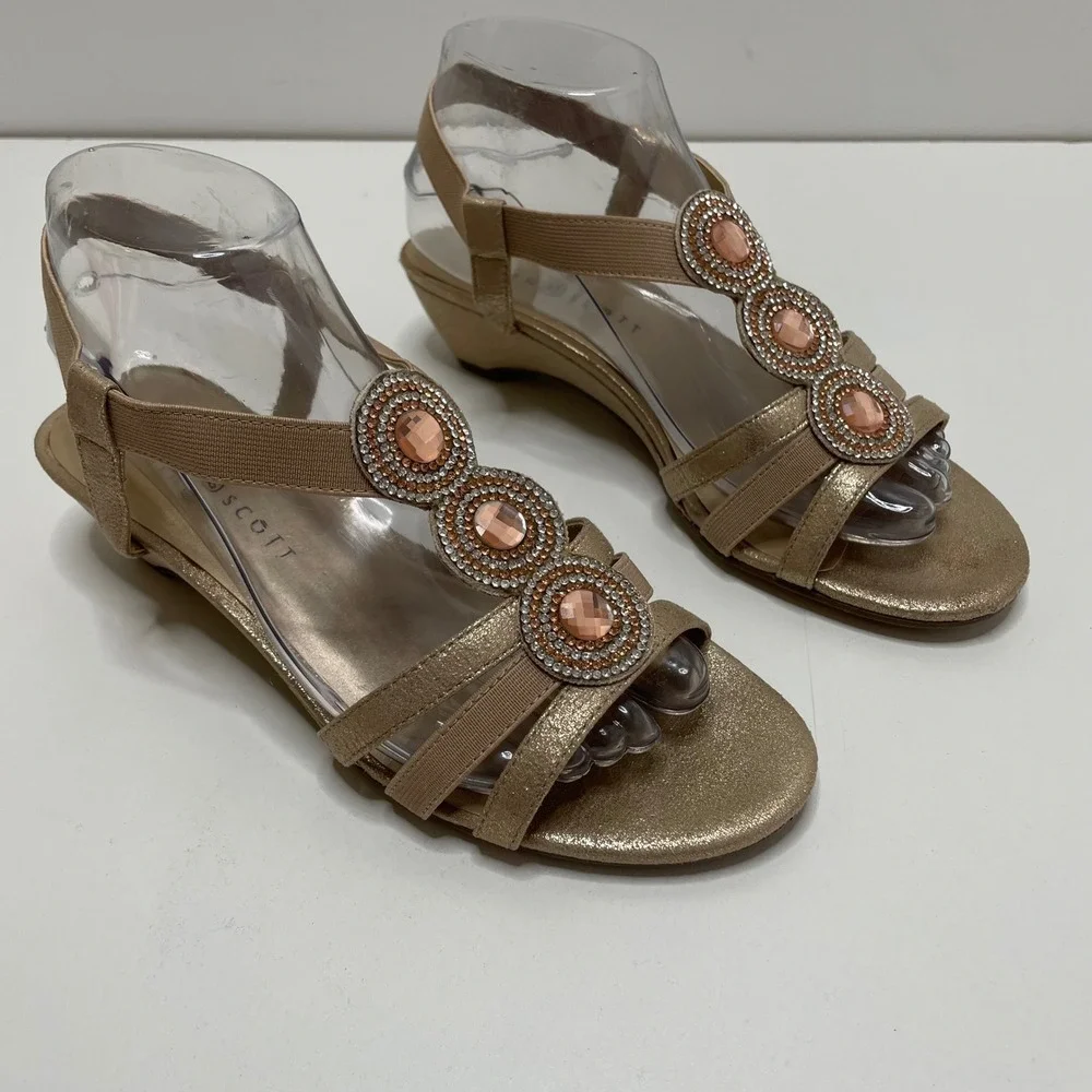 Karen Scott‎ Casha Gold Metallic Jeweled Wedge Sandals Dress 8.5M Elastic Straps